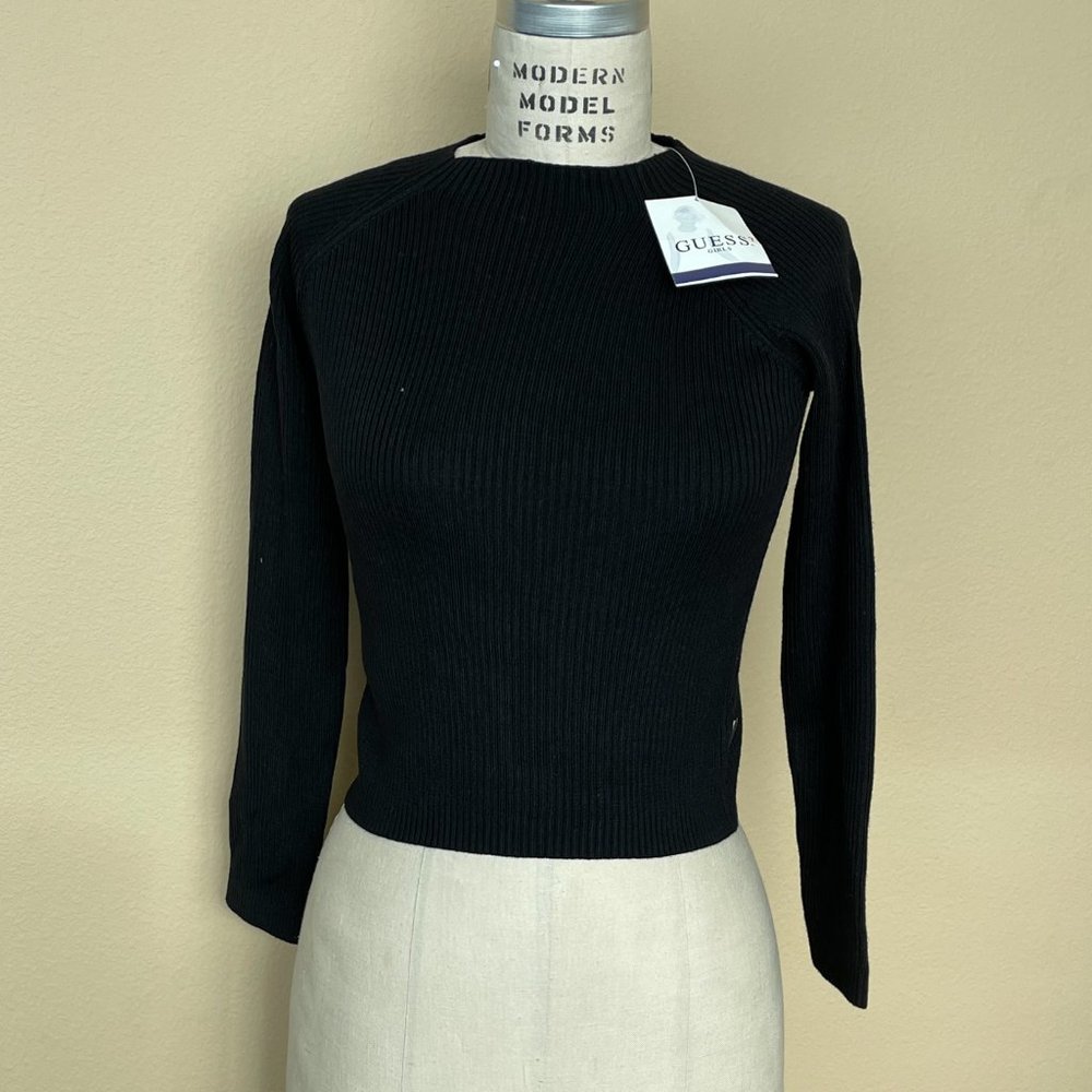 Guess Sexy Cropped Ribbed Knit Sweater Top Black
